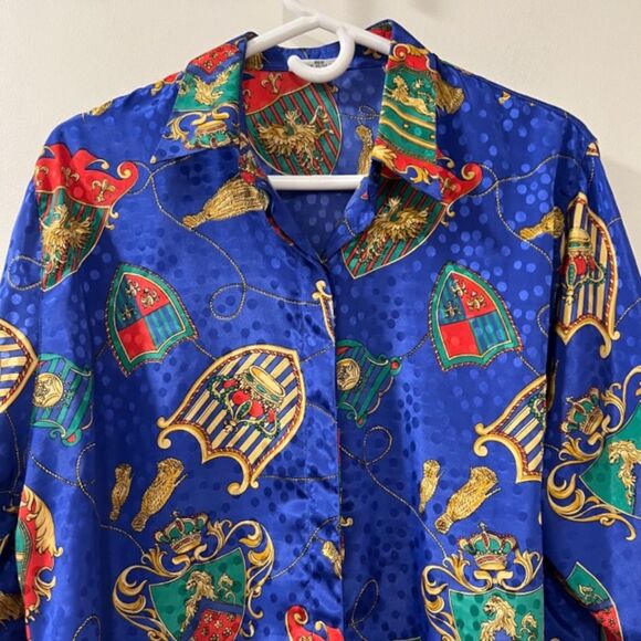VTG Pierre Balmain Paris Royal Blue Printed Silk ButtonDown Long Sleeve Top Sz 3 - Picture 3 of 9